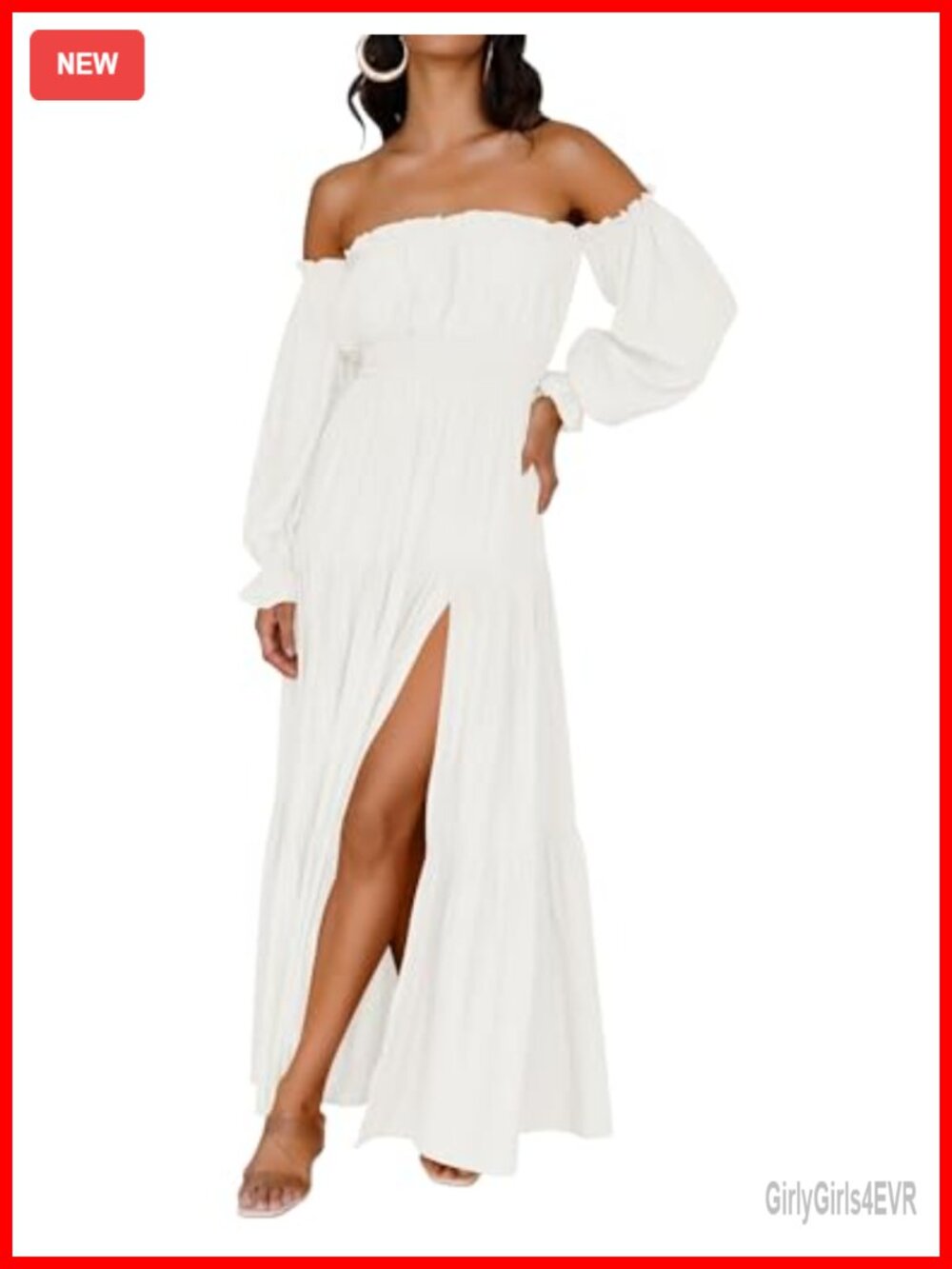 Boho Off Shoulder Long Sleeve Maxi Dress High Slit Ruffle Hem